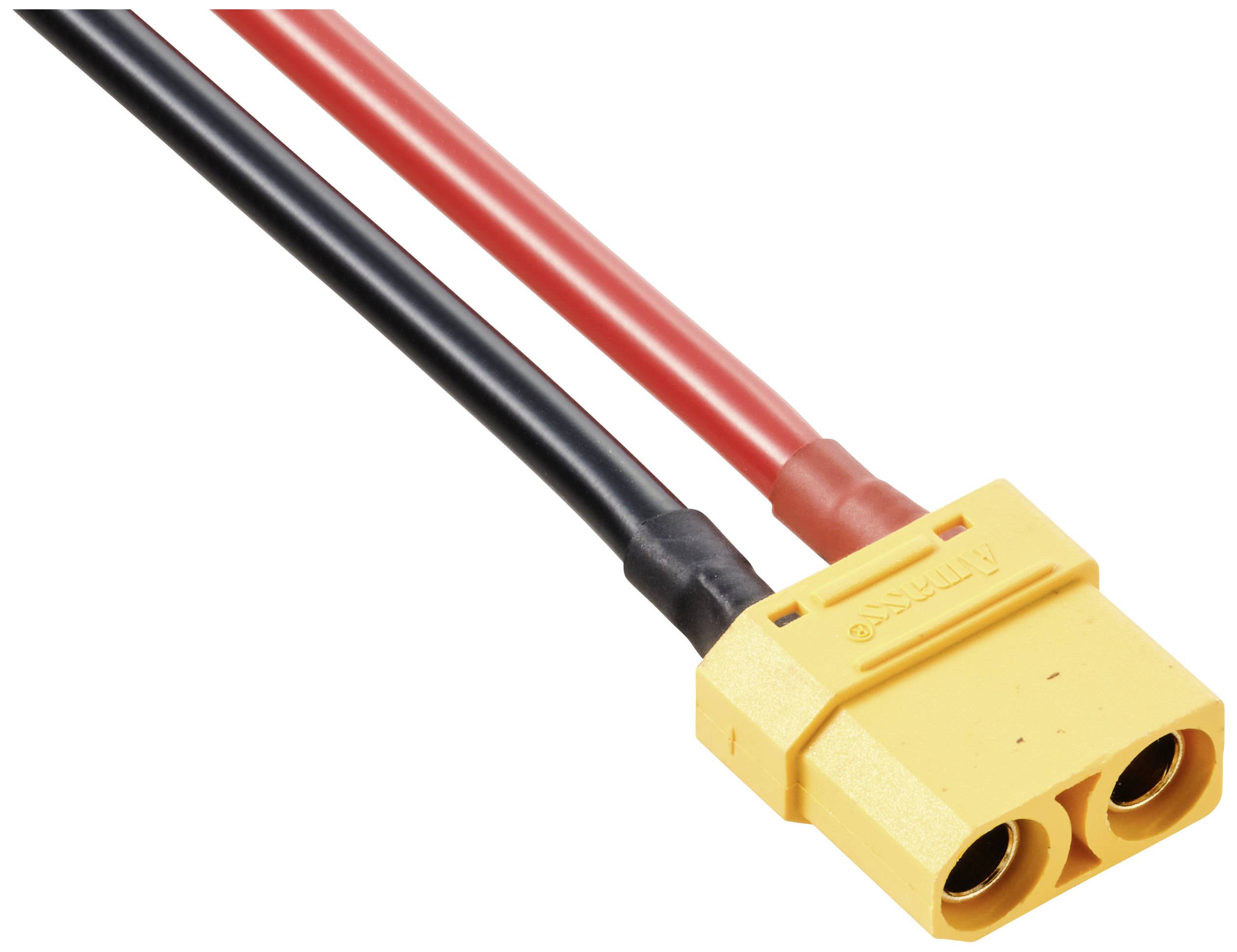 En gul kontakt med ett rött och ett svart kabel, typisk för RC-modellbygge eller elektriska apparater.