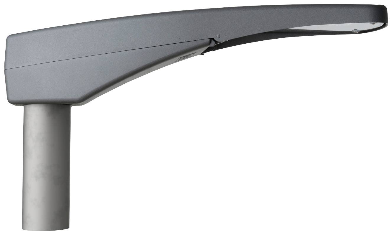 Gatulampa med modernt, strömlinjeformat design, lämplig för montering på en lyktstolpe.