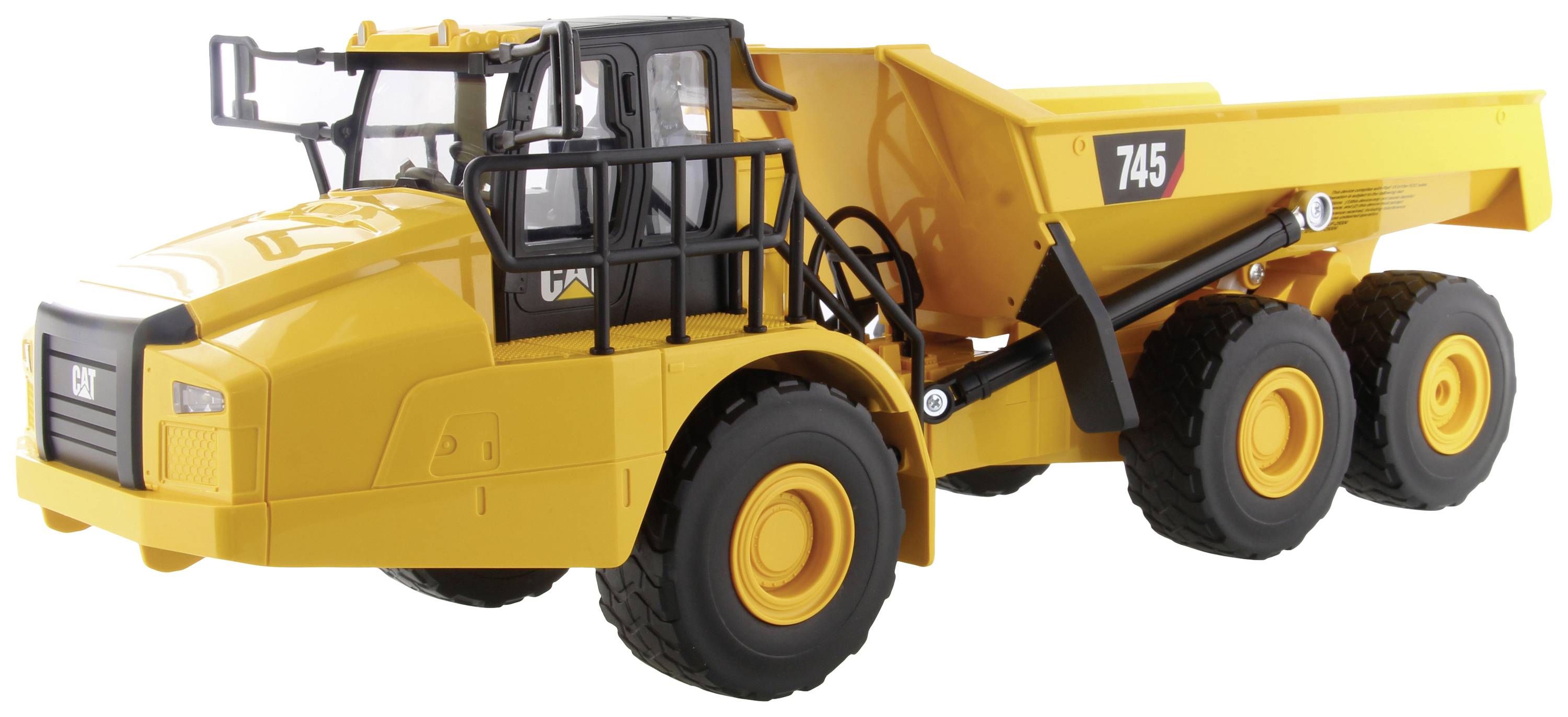 En gul dumper med sex hjul. Robust och industriell, modellnummer '745' på lastplanet.