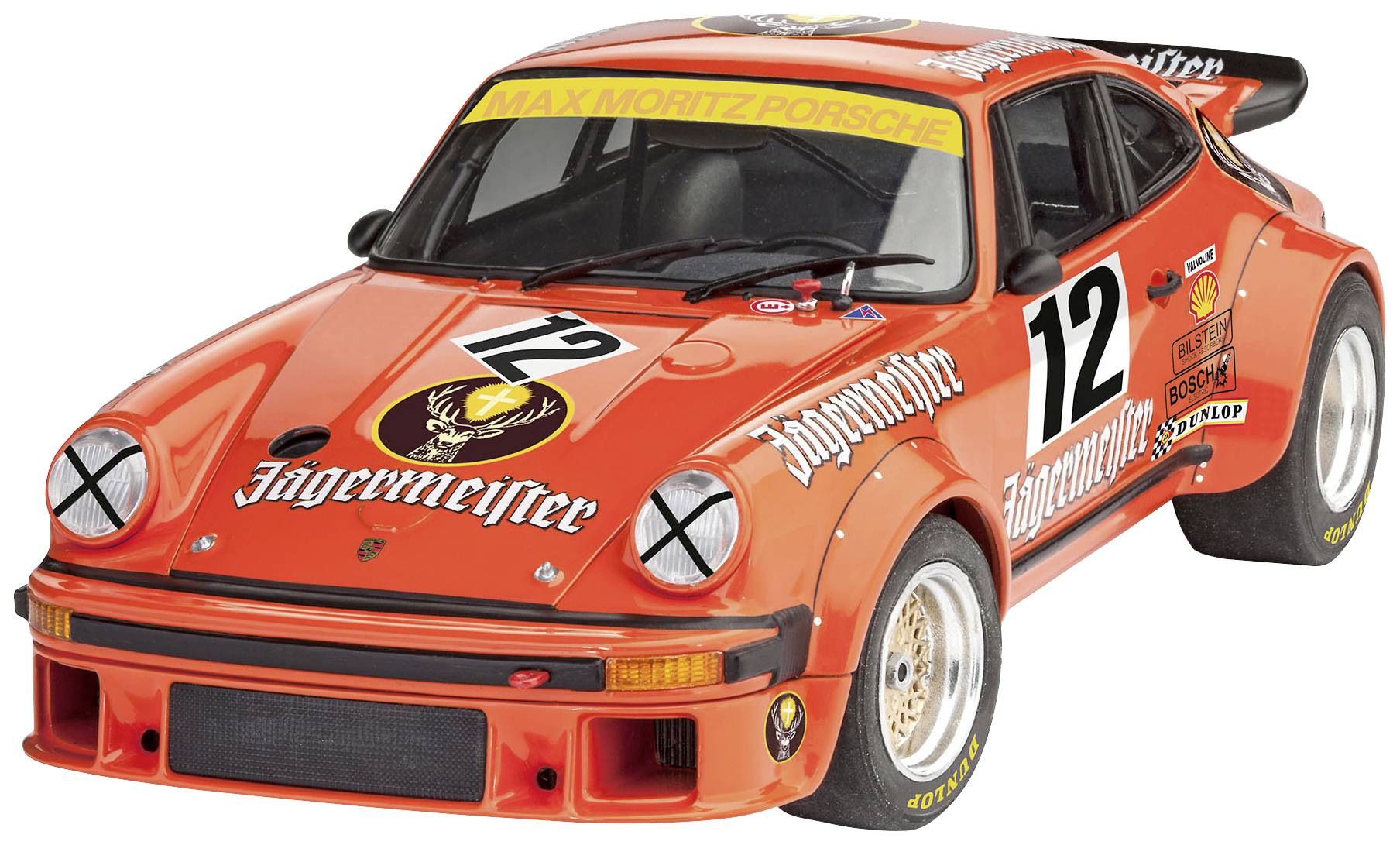 Racerbil i Jägermeister-design, lackerad i orange med startnummer 12. Det rör sig om en klassisk Porsche i motorsportsstil.