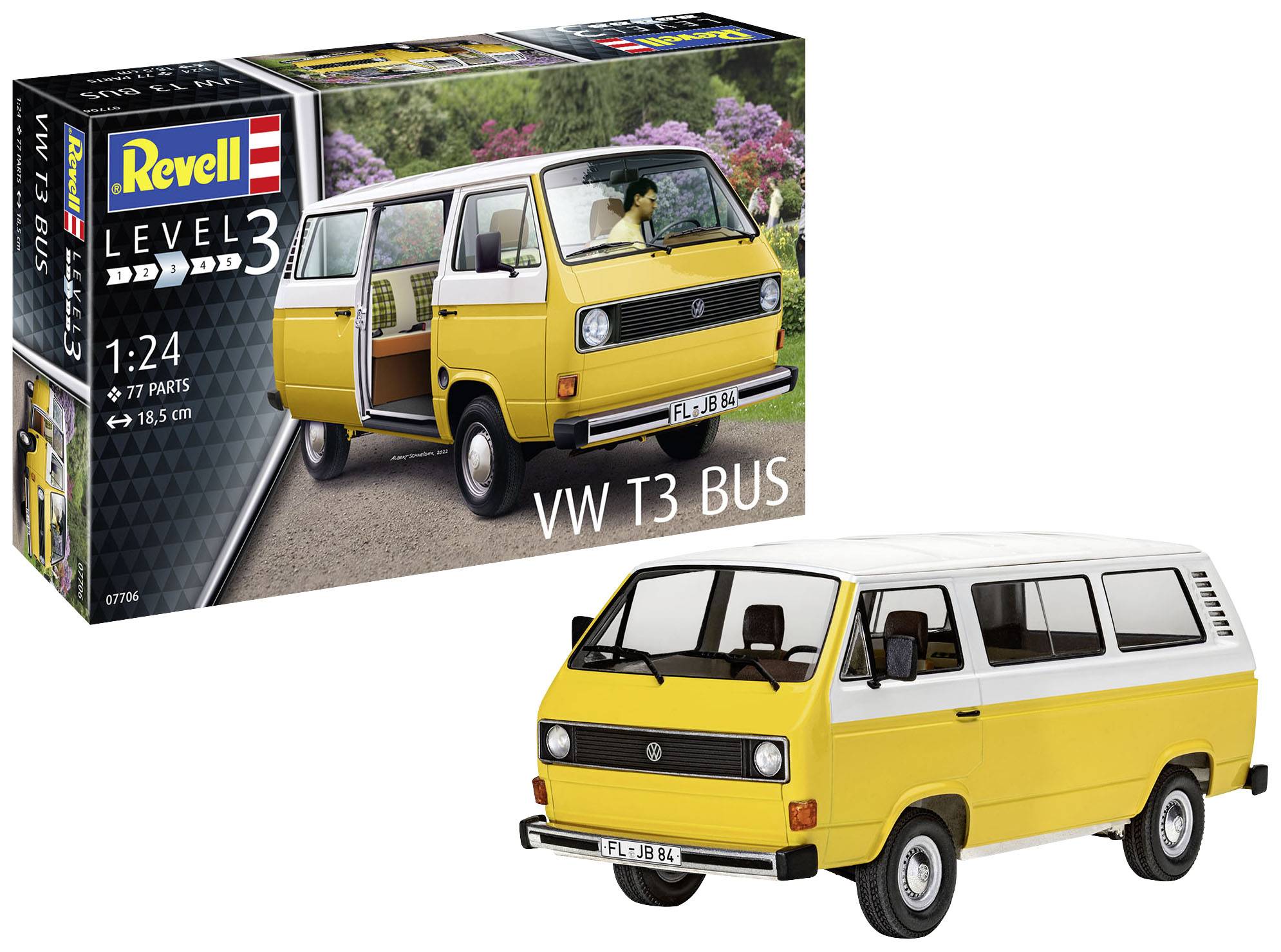 Modellbyggsats av en gul VW T3 buss från Revell. Bilden visar den ihopsatta bussen och förpackningen till satsen, nivå 3.