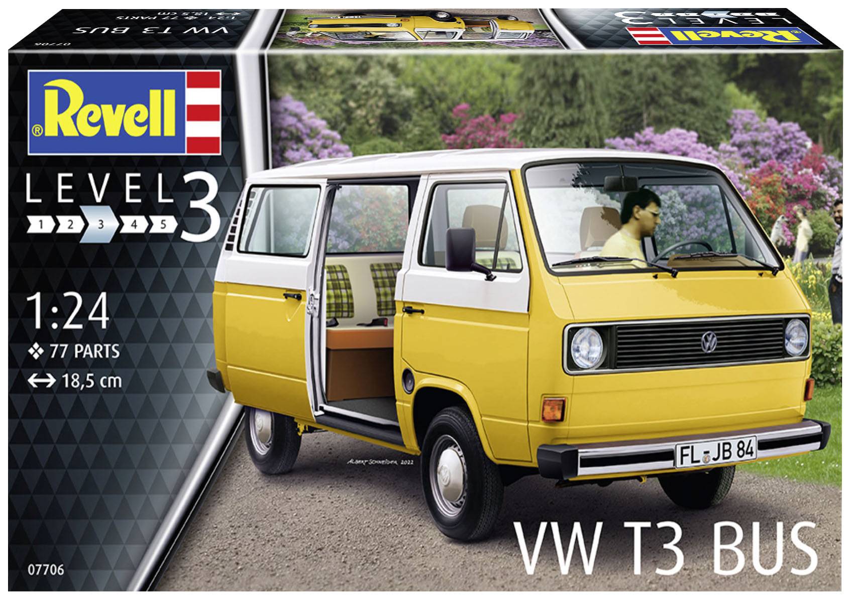 Revell-modellbyggsats av en gul VW T3 buss i skala 1:24, nivå 3, med öppen sidodörr, omgiven av blommor i bakgrunden.