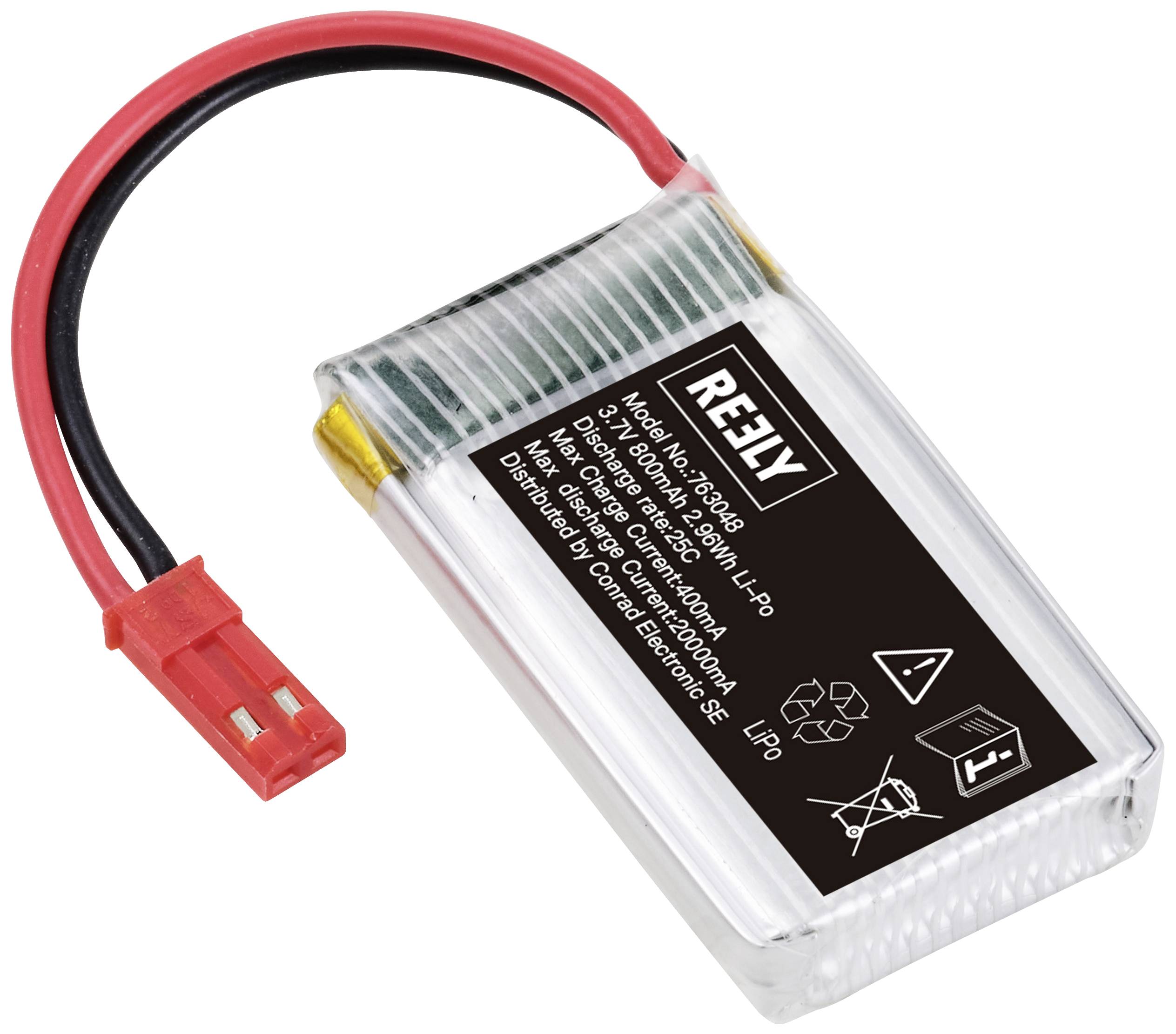 LiPo-batteri från märket Reely, 3,7 V, 150 mAh, med rött anslutningskabel. Säkerhets- och avfallshanteringsanvisningar är tryckta.