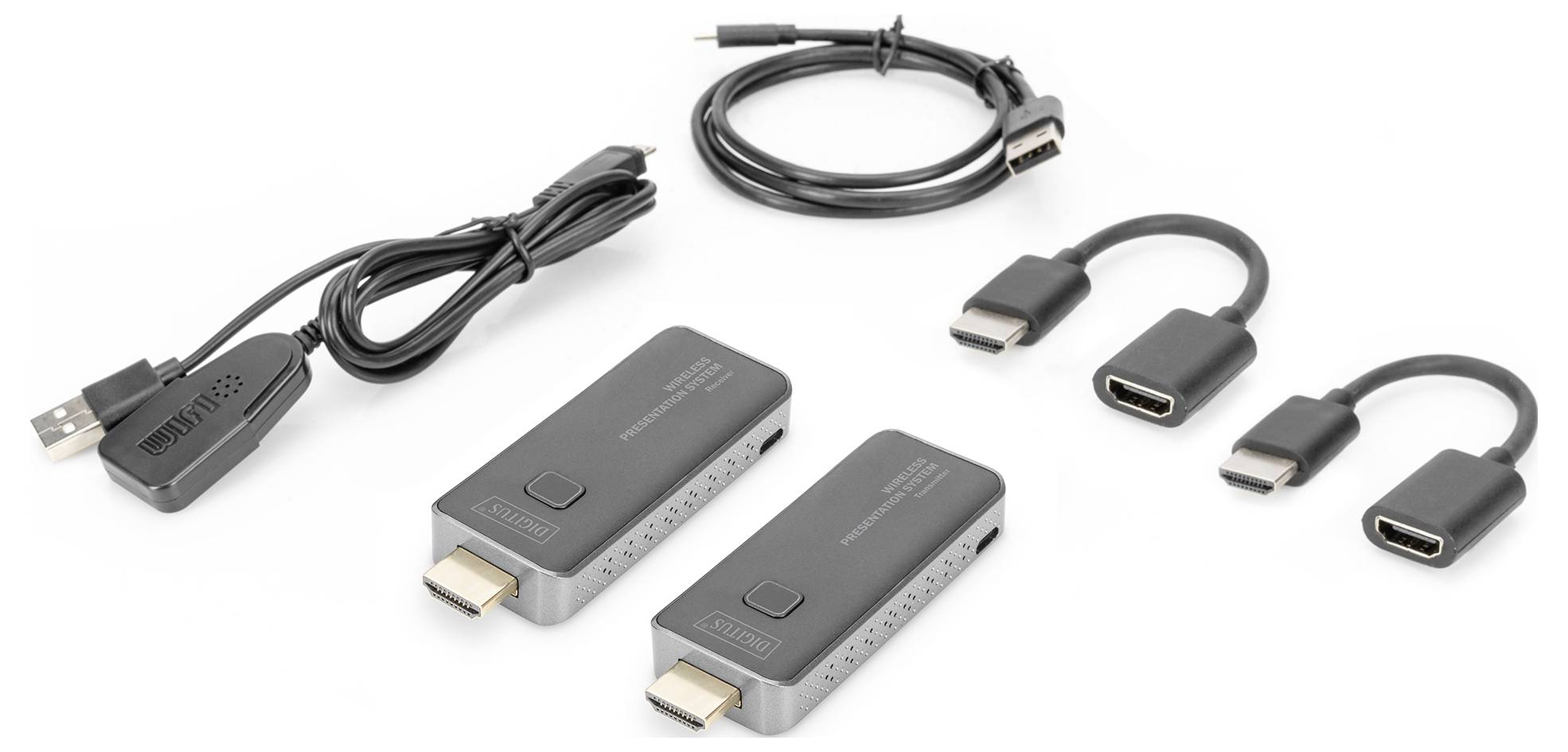 Ett trådlöst HDMI-överföringsset med två HDMI-sändare, en USB-kabel, tre korta HDMI-adaptrar och en audiokabel.