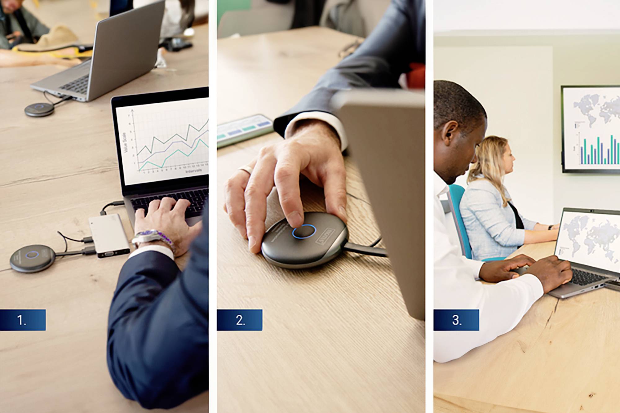 'Tre bilder: 1. Person som betraktar laptop med grafik. 2. Hand som trycker på knapp på enhet. 3. Två personer som ser presentation på skärm.'