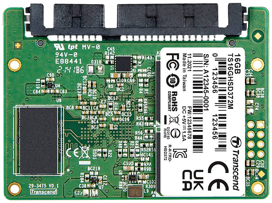 Elektroniskt kretskort med minneschip och olika komponenter, visar Transcend-logotyp och tekniska specifikationer.