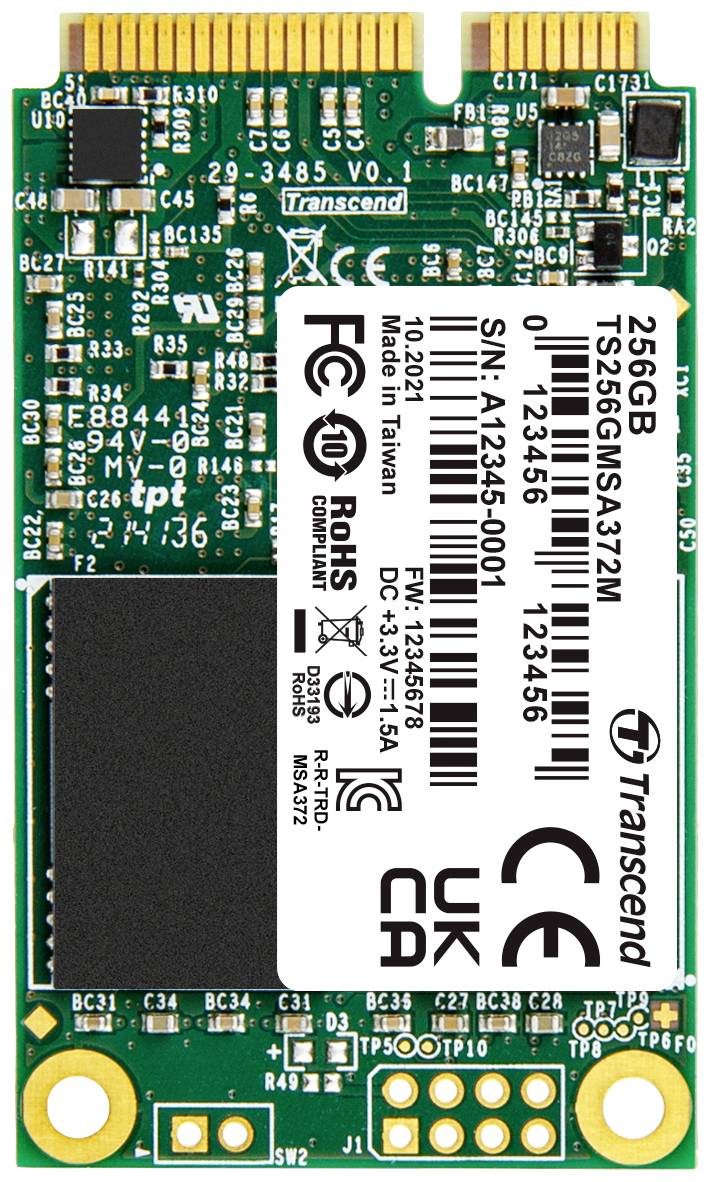 En M.2 SSD från Transcend med en kapacitet på 256 GB. På etiketten finns serienummer och andra tekniska detaljer angivna.