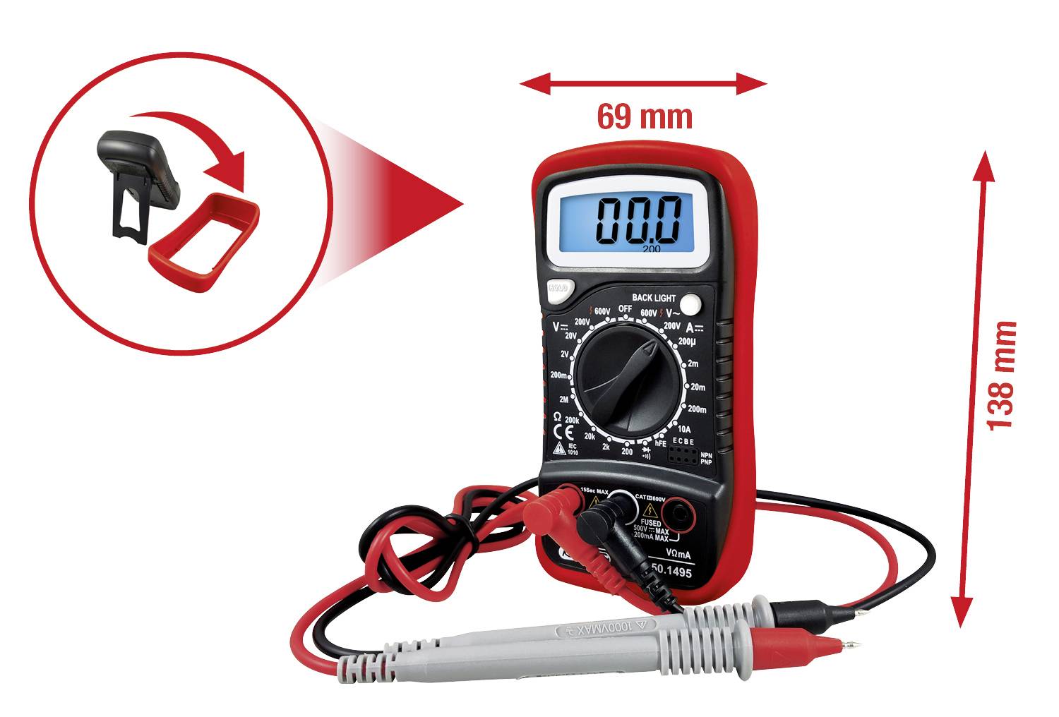Multimeter med displayvisning '0.0', vridreglage och mätsladdar. Mått: 69 mm brett, 138 mm högt. Avtagbar ställning visas.