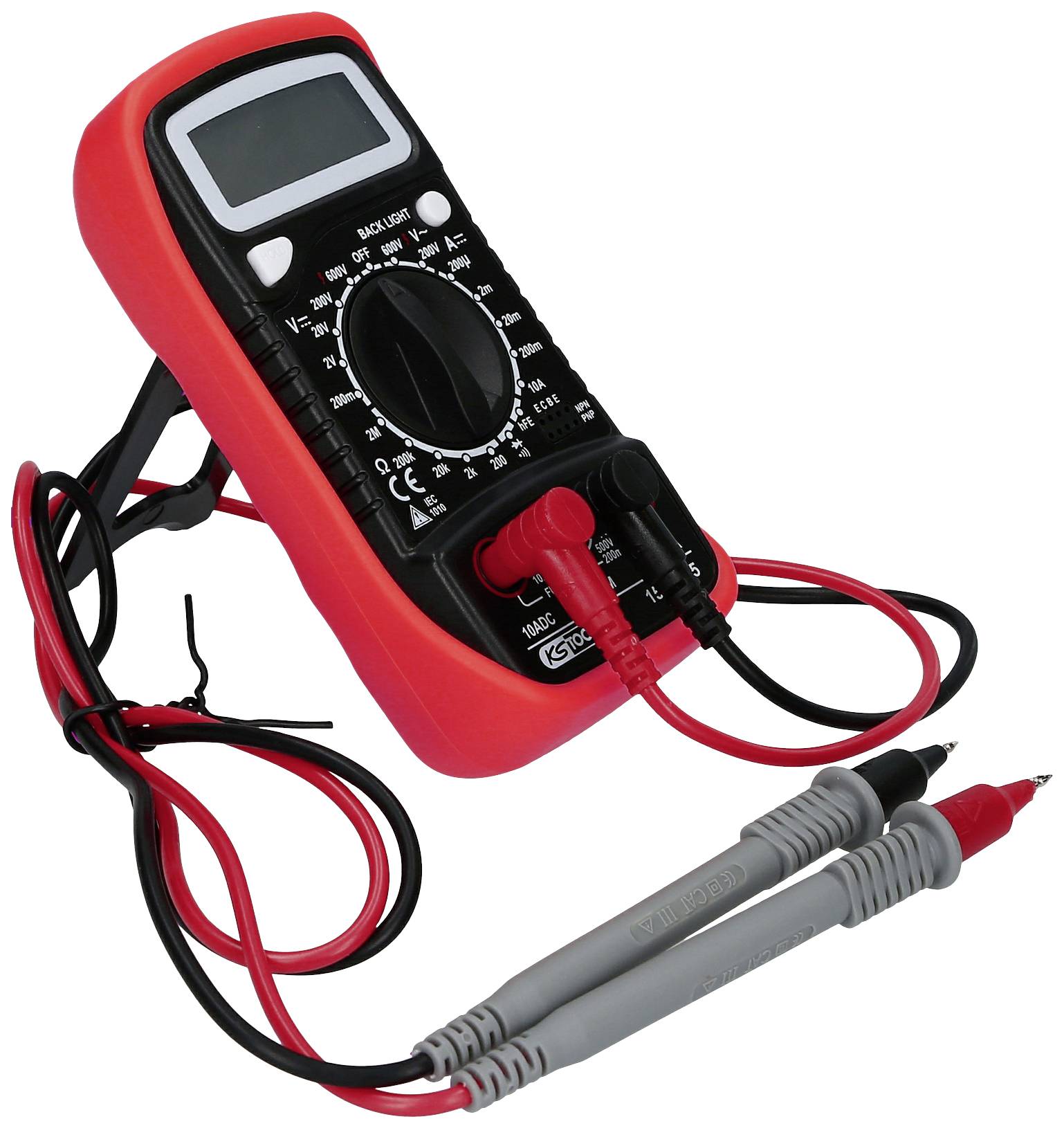 En digital multimeter med ett rött hölje och svarta mätsladdar, lämplig för mätning av spänning, strömstyrka och resistans.