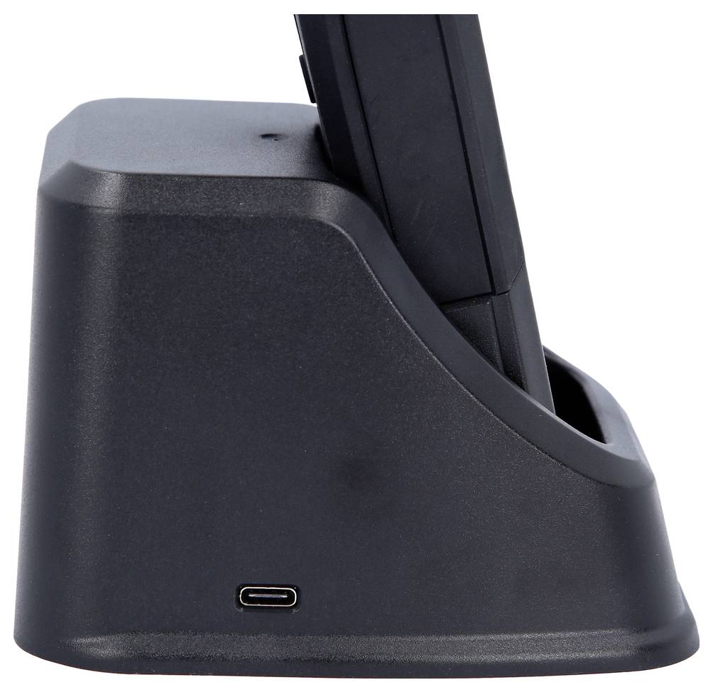 En svart laddningsstation i plast med en USB-C-port på framsidan. Den används för att ladda enheter.