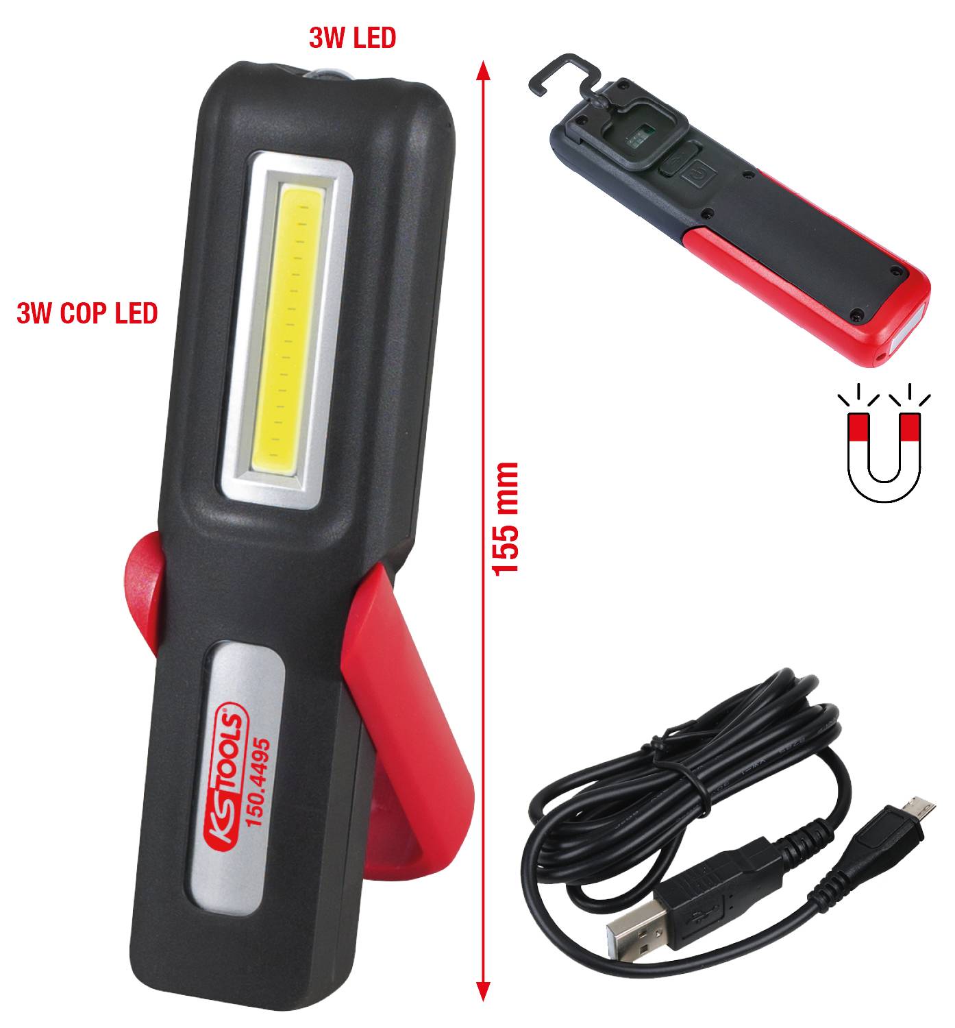 LED-ficklampa med 3W LED och 3W COB-LED. Visar krok för upphängning, magnet och USB-kabel. Längd: 155 mm.