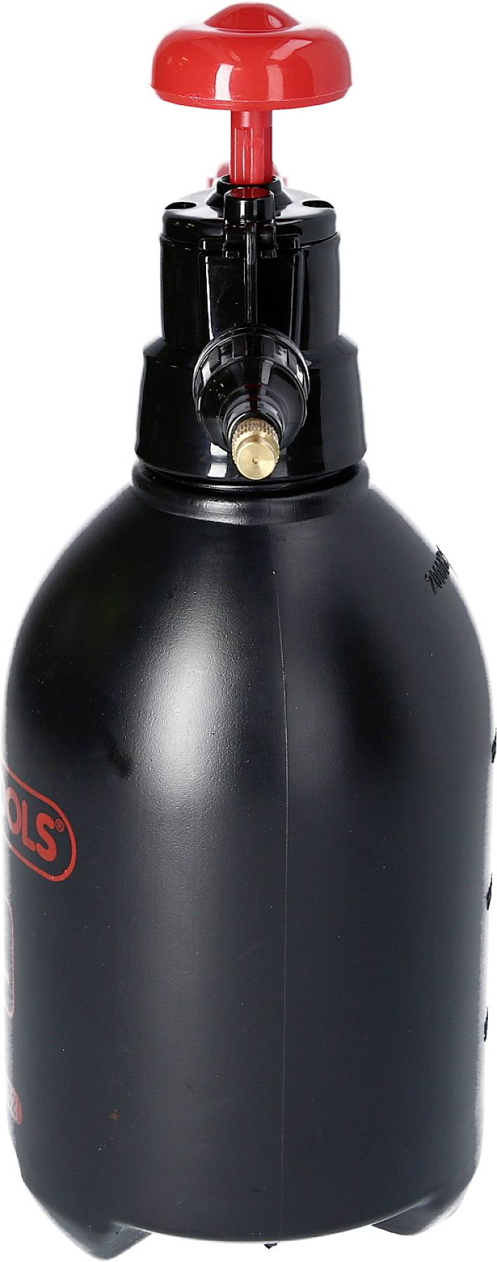 Svart sprayflaska med röd handtag och munstycke, perfekt för att sprida vätskor.