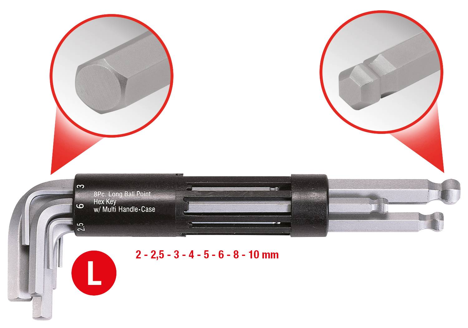 Set med 8 insexnycklar med sexkant- och kulled i olika storlekar från 2 till 10 mm. Robust hållare ingår.