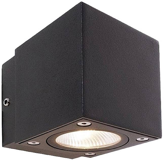 Svart vägglampa för utomhusbruk i kvadratisk form, lyser nedåt. Modern, minimalistisk design, lämplig för exteriörer.