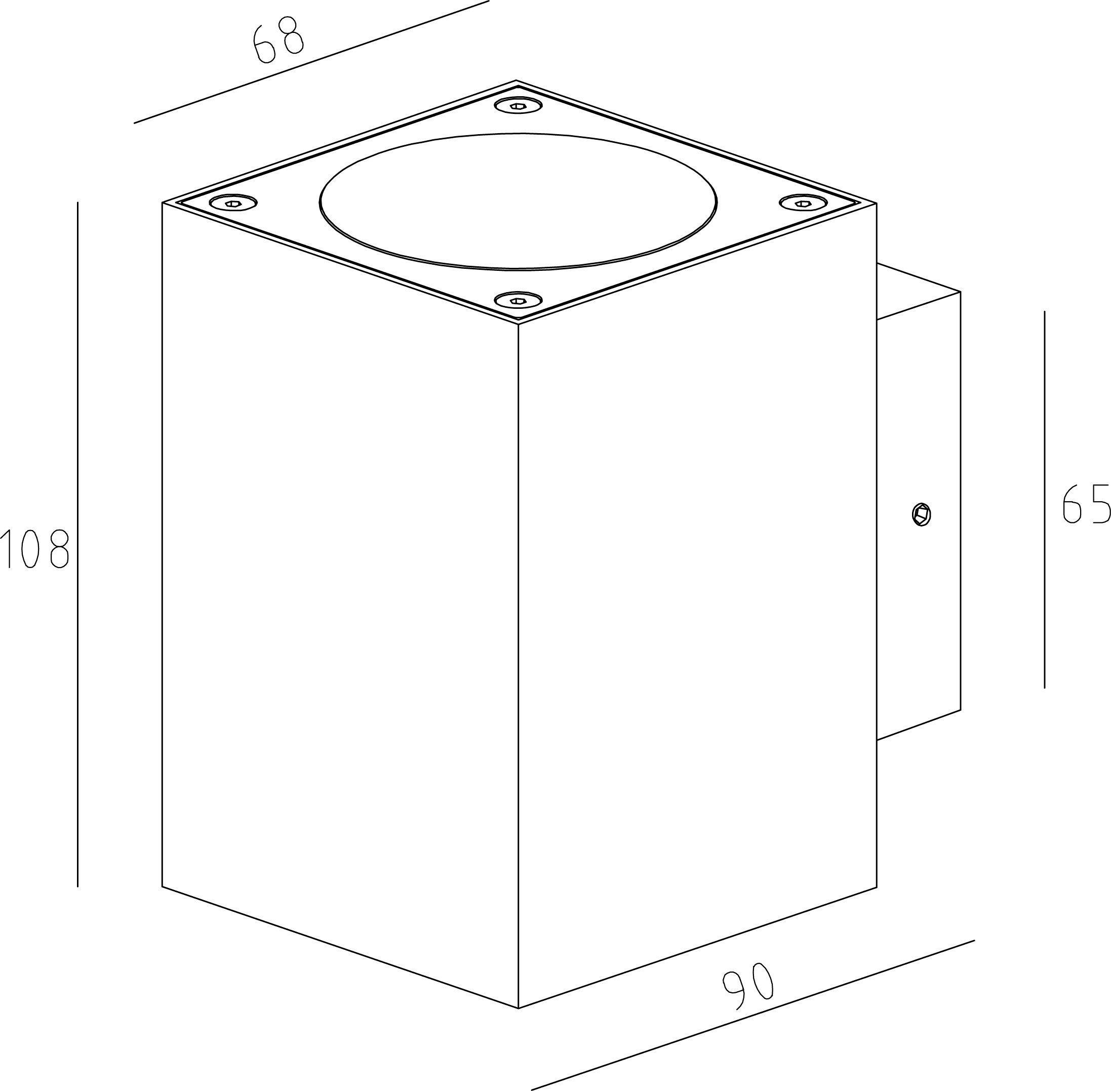Teknisk ritning av en rektangulär vägglampa med mått: höjd 108 mm, bredd 68 mm, djup 90 mm, väggavstånd 65 mm.