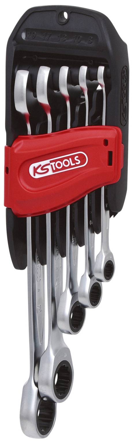 Fem ringnycklar i ett hållare från märket KS Tools, för praktisk förvaring och enkel val av rätt verktyg.
