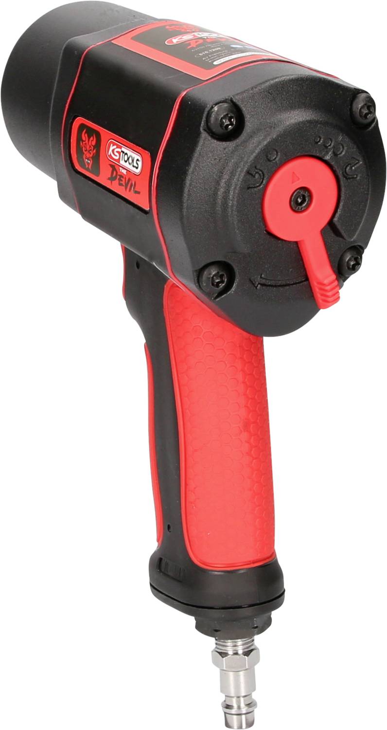 Pneumatisk slagskruvmejsel med röd handtag och svart hölje, lämplig för bilapplicationer, märkt med 'KS Tools' tryck.
