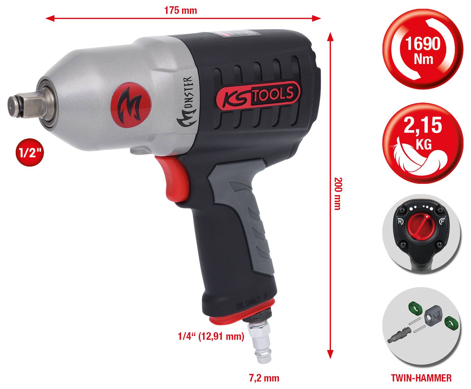 'Tryckluft slagmutterverktyg från KS Tools med 1690 Nm. Längd: 200 mm, vikt: 2,15 kg. Twin-Hammer-mekanism och 1/2"-anslutning.'