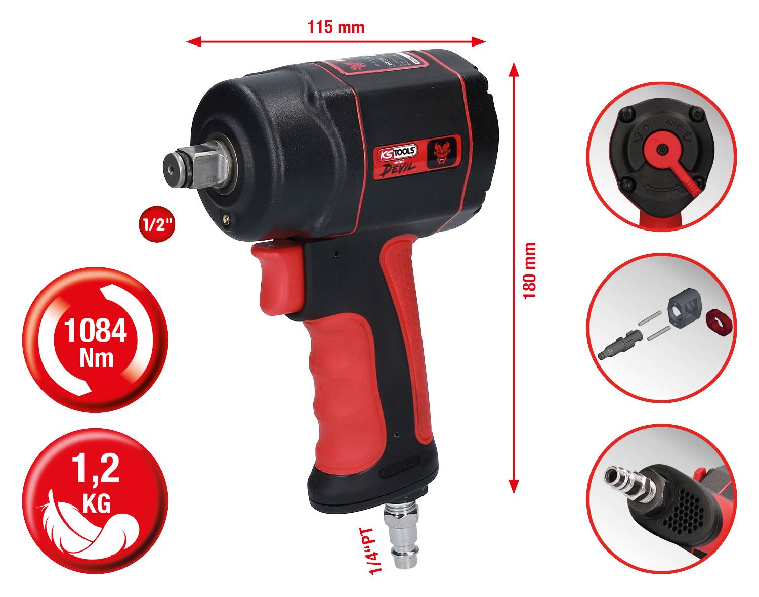 Tryckluftsmutterverktyg med röd handtag, maximalt vridmoment 1084 Nm, 1/2" drive, längd 180 mm, vikt 1,2 kg.