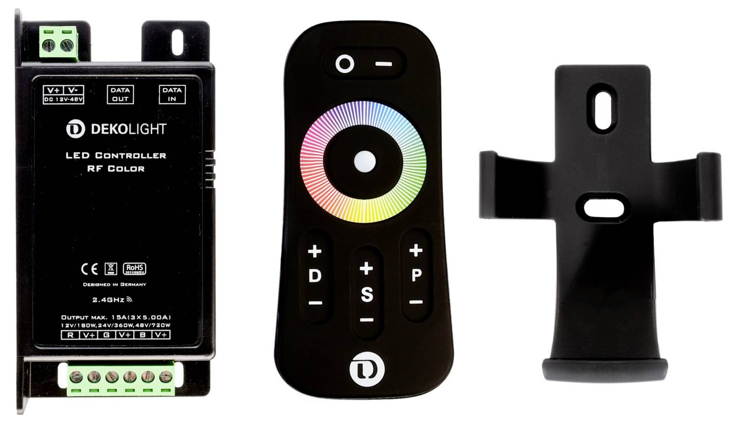 En LED-controller med RF-färgstyrning, en cirkelformad fjärrkontroll med färgalternativ och ett svart fäste.
