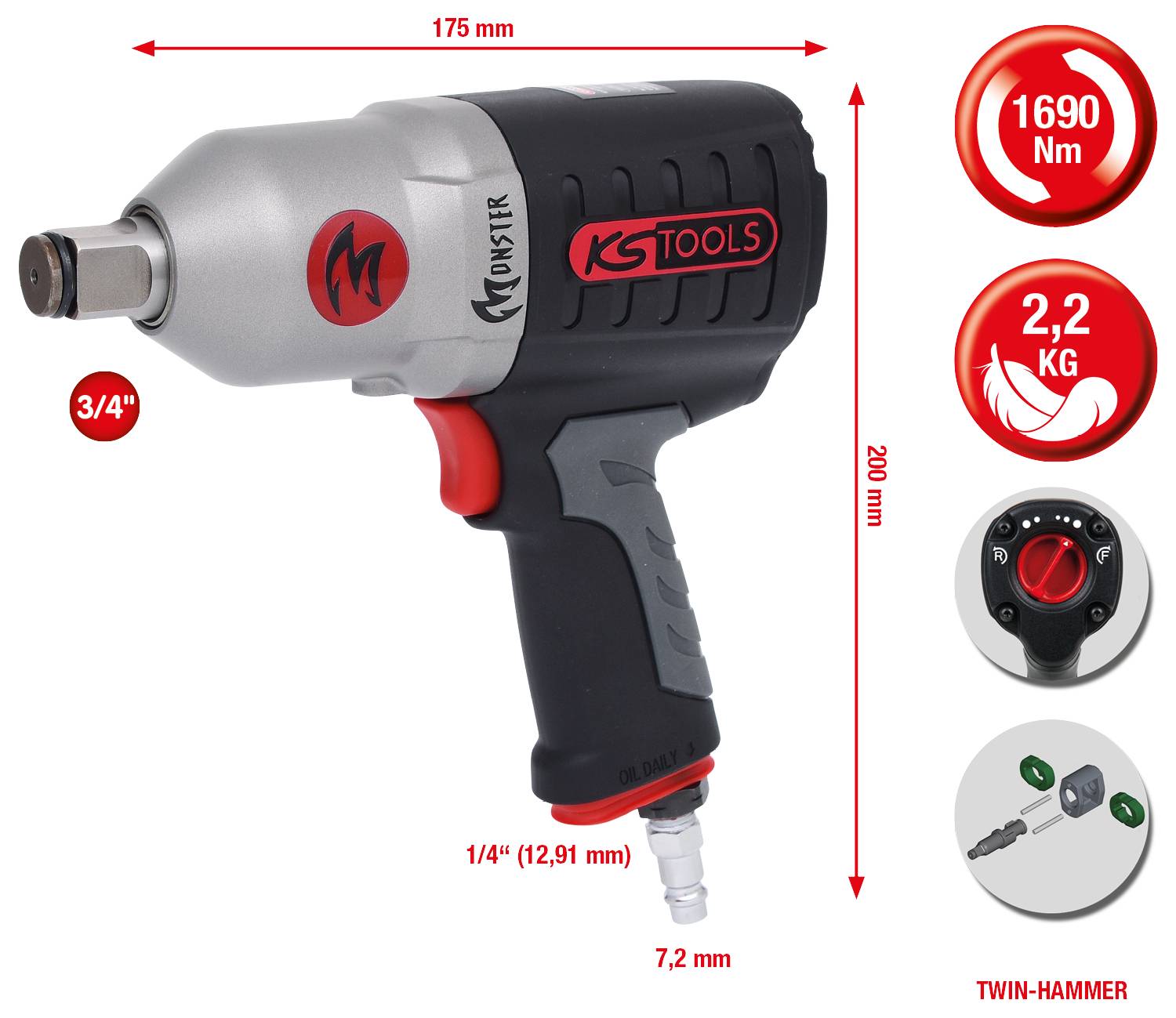 Luftslagskruvmejsel från KS Tools med 1690 Nm, 2,2 kg. Vridmomentvisning och Twin-Hammer-funktion. Längd: 175 mm, höjd: 200 mm.