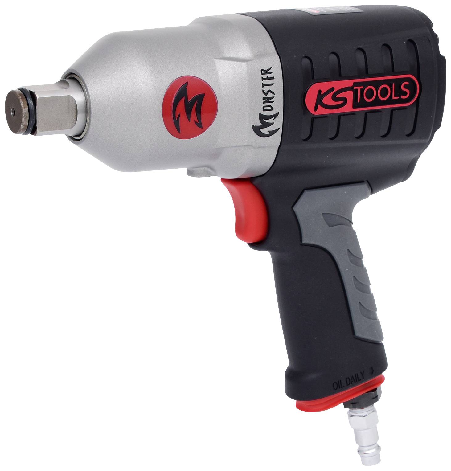 Tryckluftsmuttertdragare i svart-rött design med logotyp 'KS Tools'. Lämplig för snabba och kraftfulla skruvningsarbeten i verkstäder.
