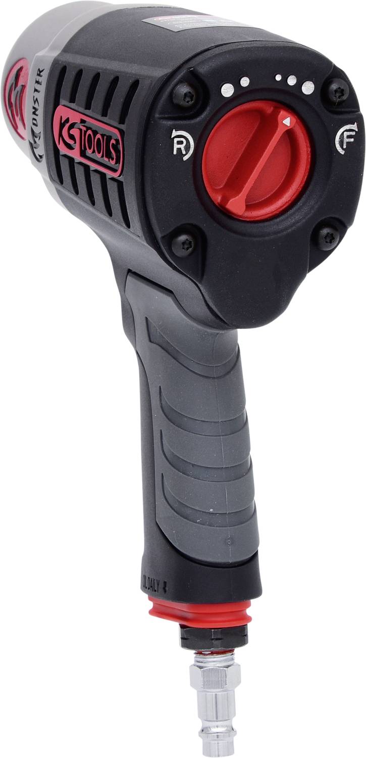 En svart och röd tryckluftsmutterdrager med ergonomiskt handtag och kontrollreglage, lämplig för professionella verkstäder.