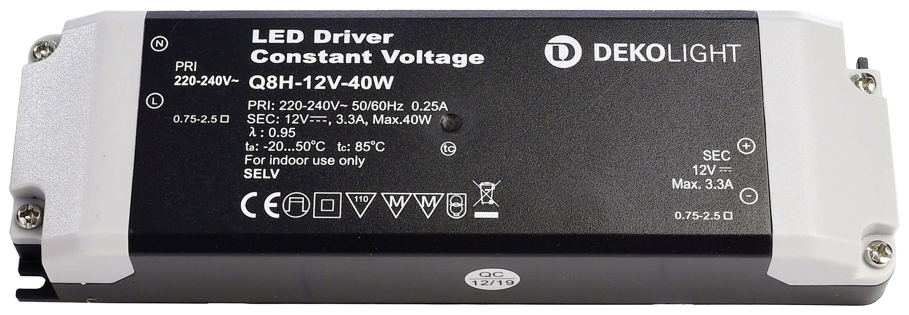 LED-drivdon från DEKOLIGHT, modell QBH-12V-40W, konstant spänning, ingång: 220-240V, utgång: 12V, max. 3,3A, max. 40W.