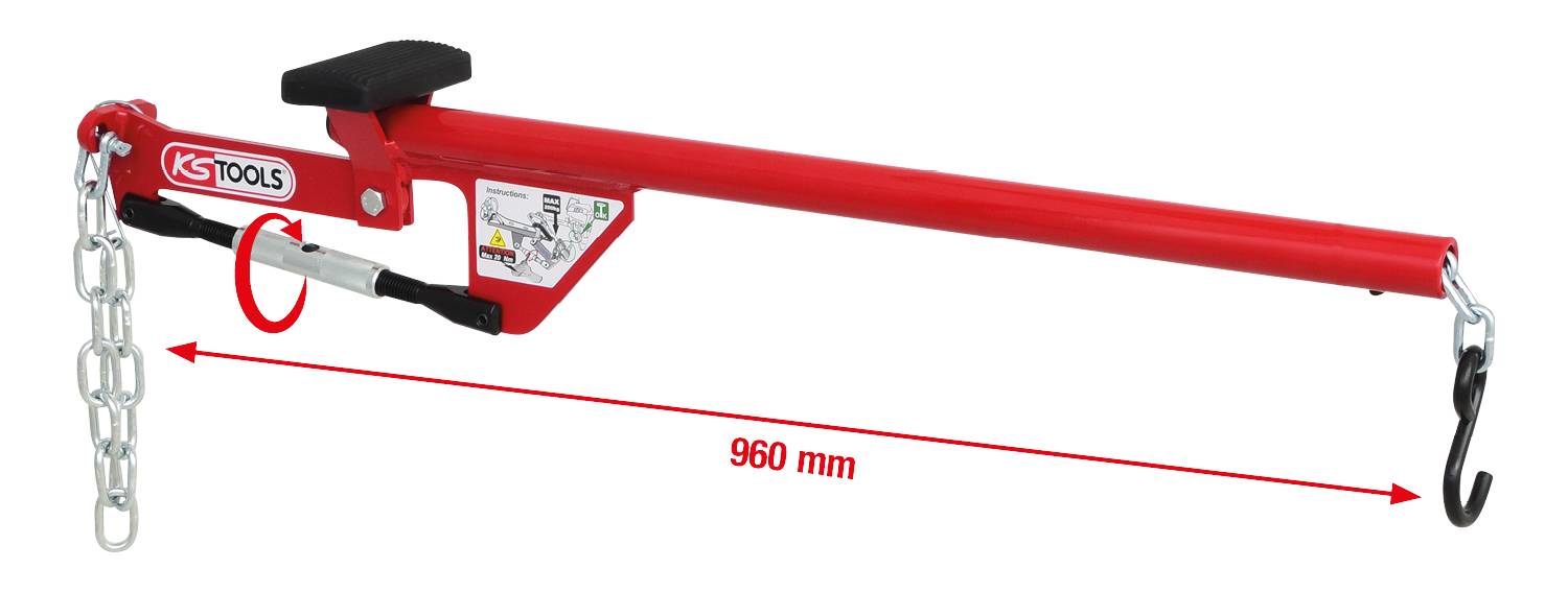 Röd lastbärare för motorhuvar med krok och kedjor, längd: 960 mm, lämplig för motorarbeten.