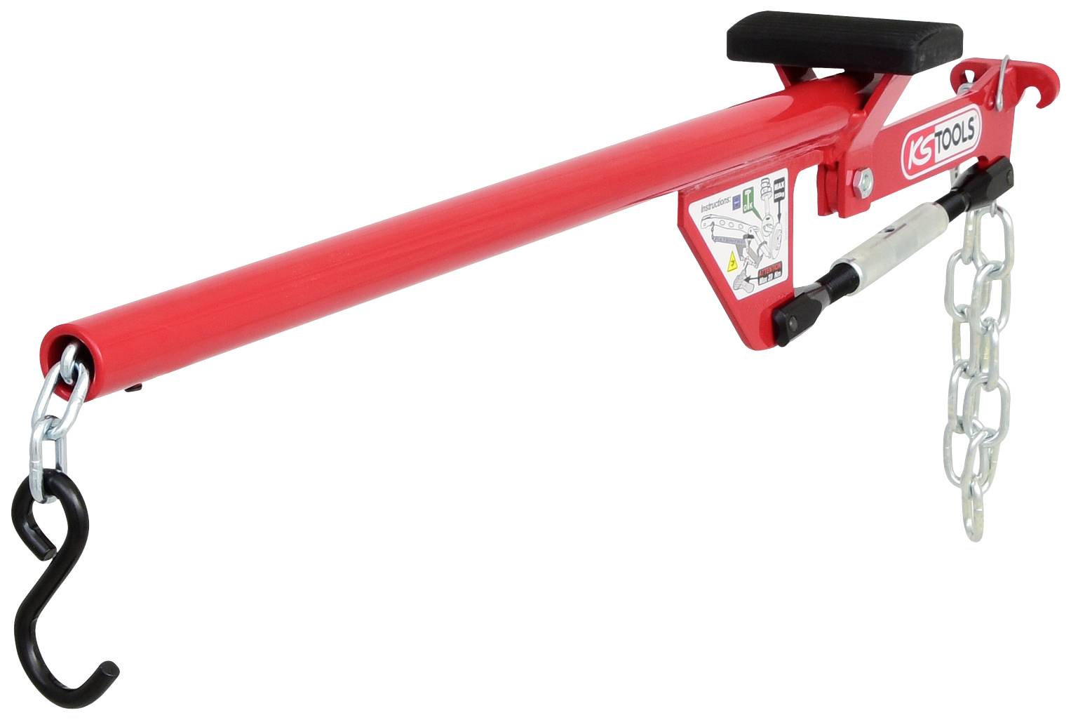 Röd motorlyft med metallkrok och kedjor, används för att lyfta motorer på verkstäder.