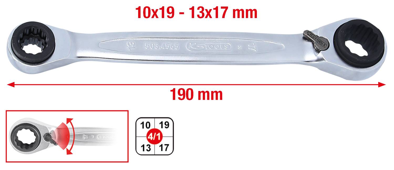 Dubbel spärrskaft med fyra storlekar: 10x19 och 13x17 mm. Total längd 190 mm. Användbar för olika skruvstorlekar.