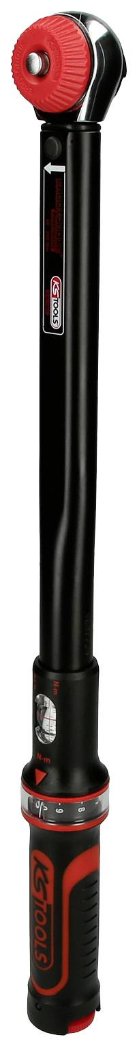 Svart och röd momentnyckel med skala och handtag. Används för att precise dra åt skruvar till angivet värde.