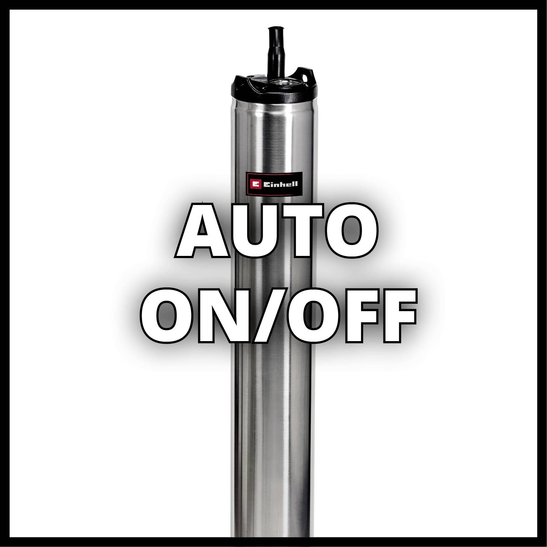 Silverfärgad Einhell-pump med 'AUTO PÅ/AV'-text i förgrunden, som indikerar automatisk aktivering och deaktivering.
