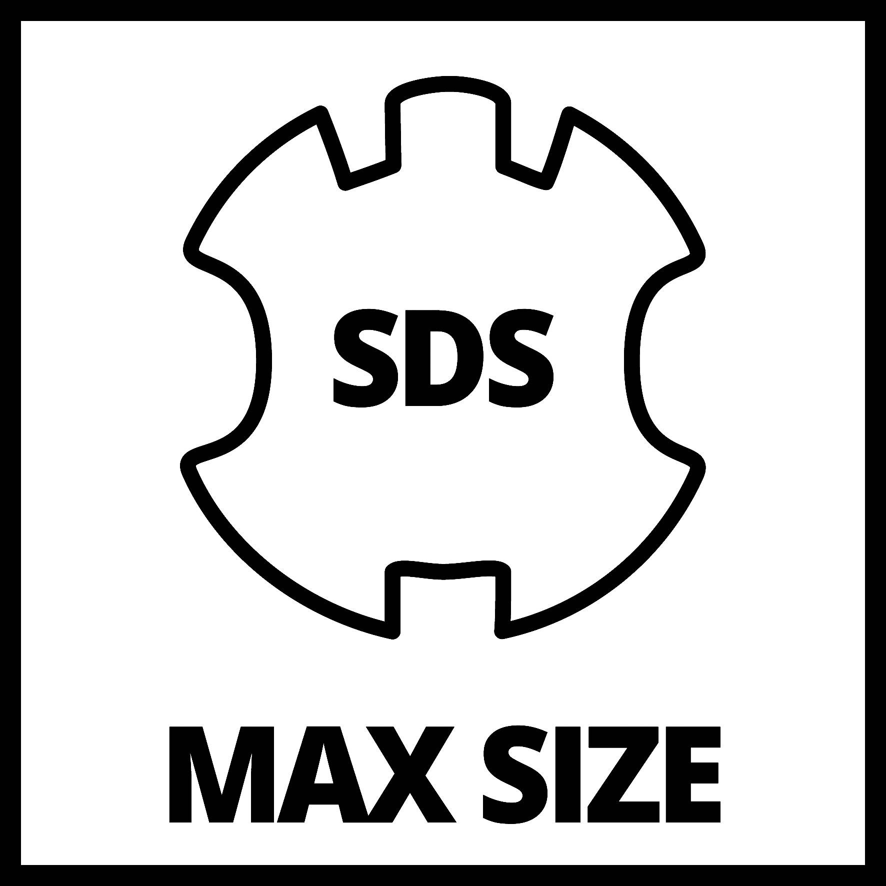 'SDS'-symbol ovanför en tandform med texten 'MAX SIZE' under. Symbol för maximal storlek på SDS-borrar.