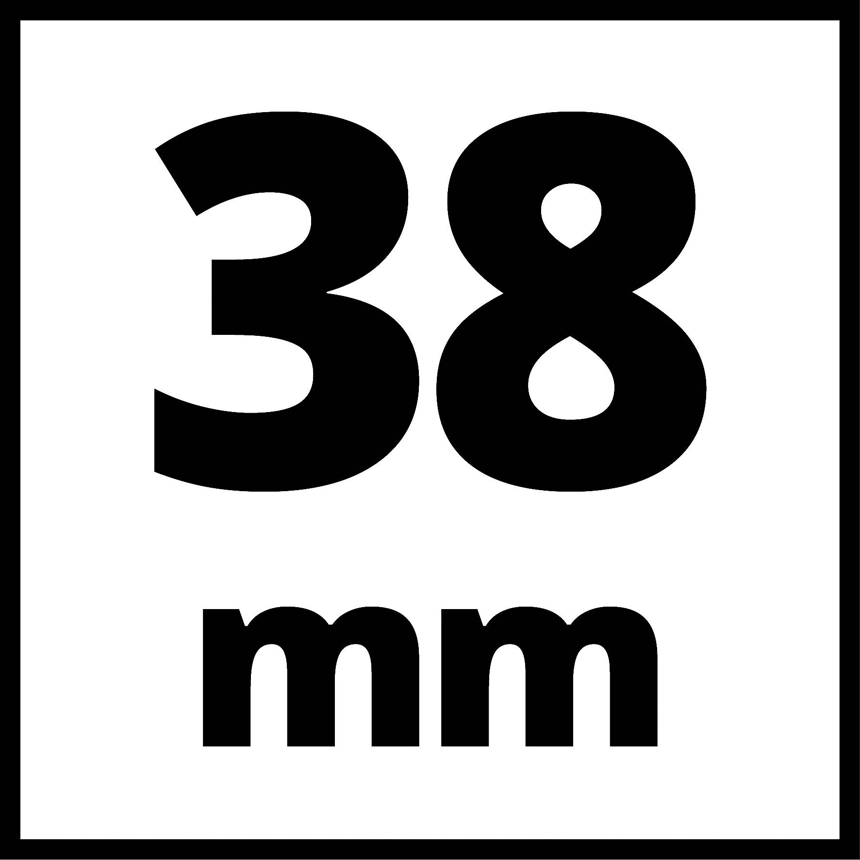 '38 mm' i stora svarta bokstäver på vit bakgrund.