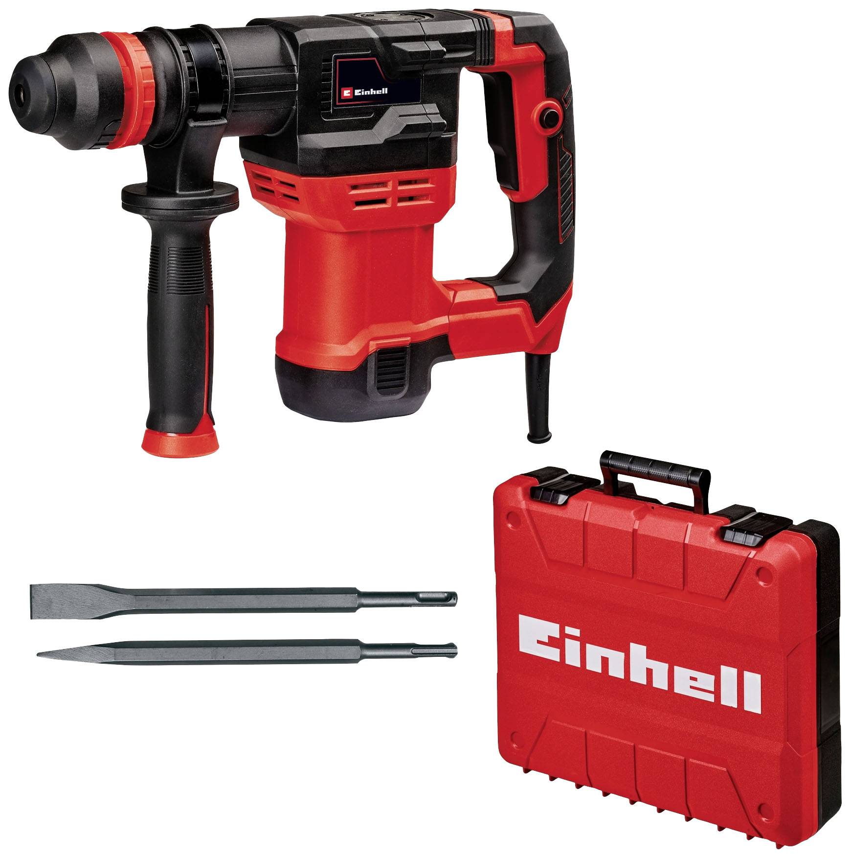 En röd borrhammare med tillbehör: två mejslar och en röd väska med vit 'Einhell'-logotyp. Perfekt för byggnadsarbeten.