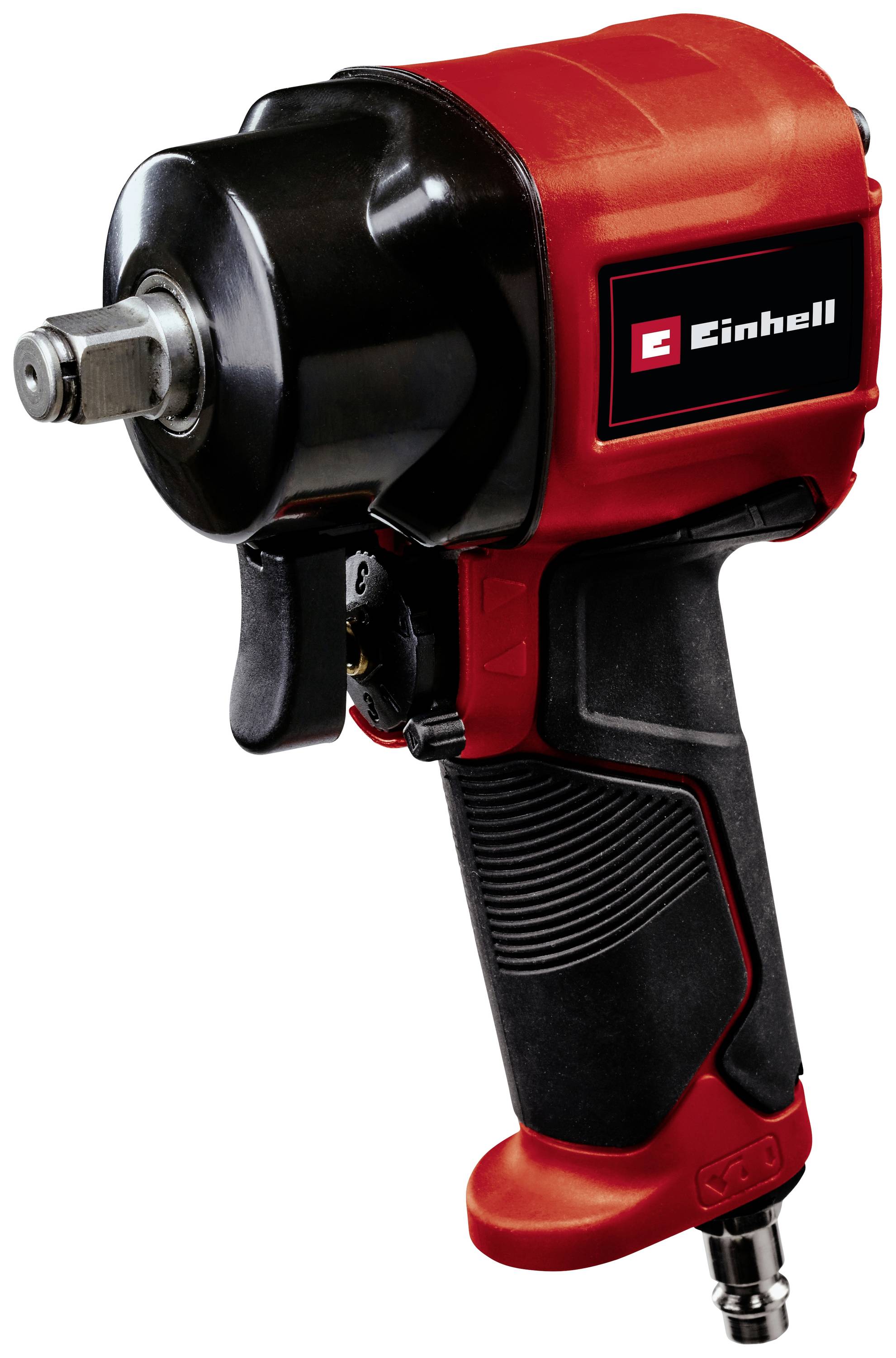 En röd och svart tryckluftsmutterdragare från Einhell, ergonomiskt formad med halksäkert grepp, lämplig för bilreparationer.