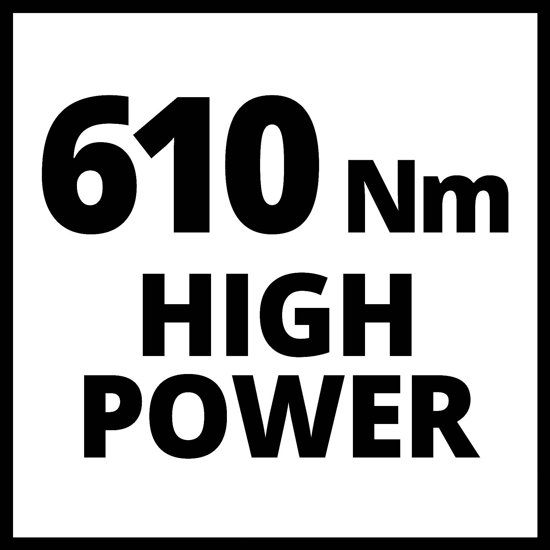 '610 Nm HÖG EFFEKT' med stora svarta bokstäver på vit bakgrund, inuti en svart ram.