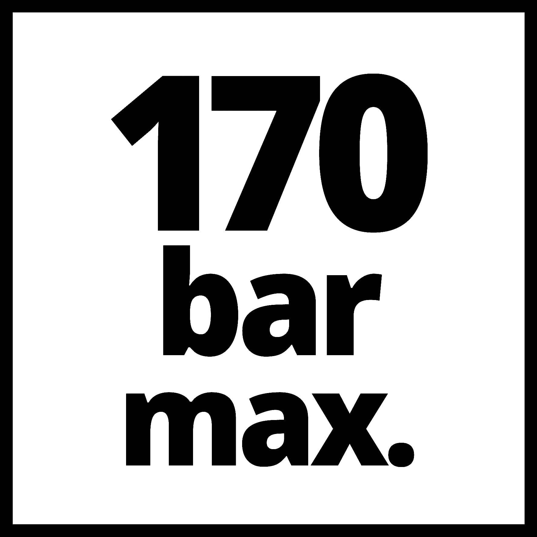 '170 bar max.' med fet stil på vit bakgrund, följt av 'bar max.' i normal stil.