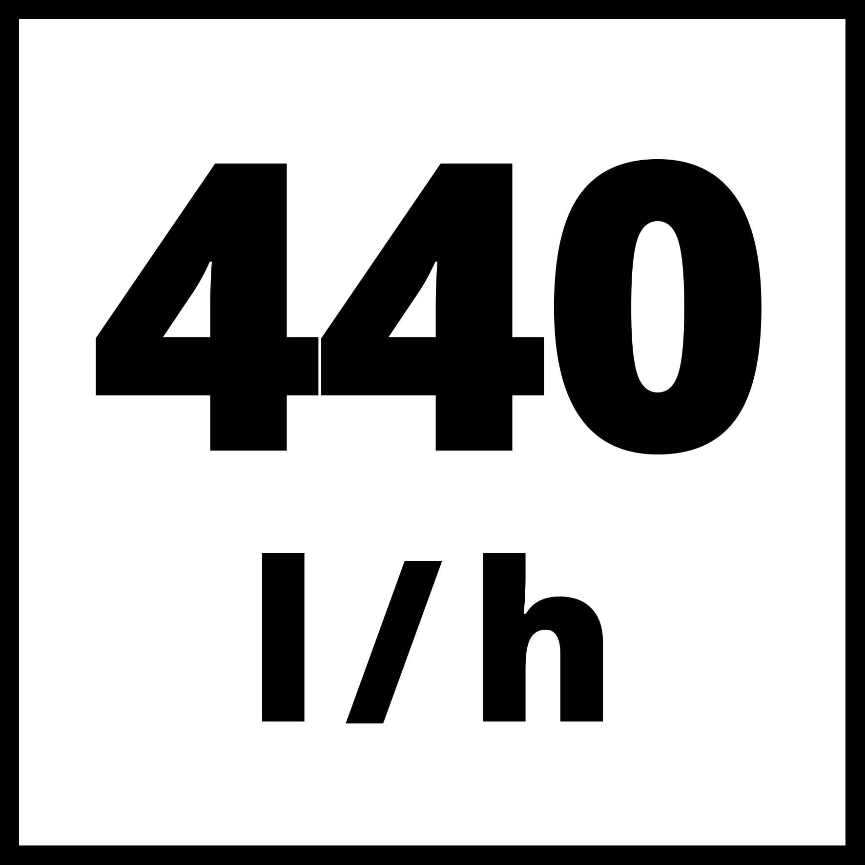'440 l/h' i svart text på vit bakgrund, symboliserar ett flöde på 440 liter per timme.