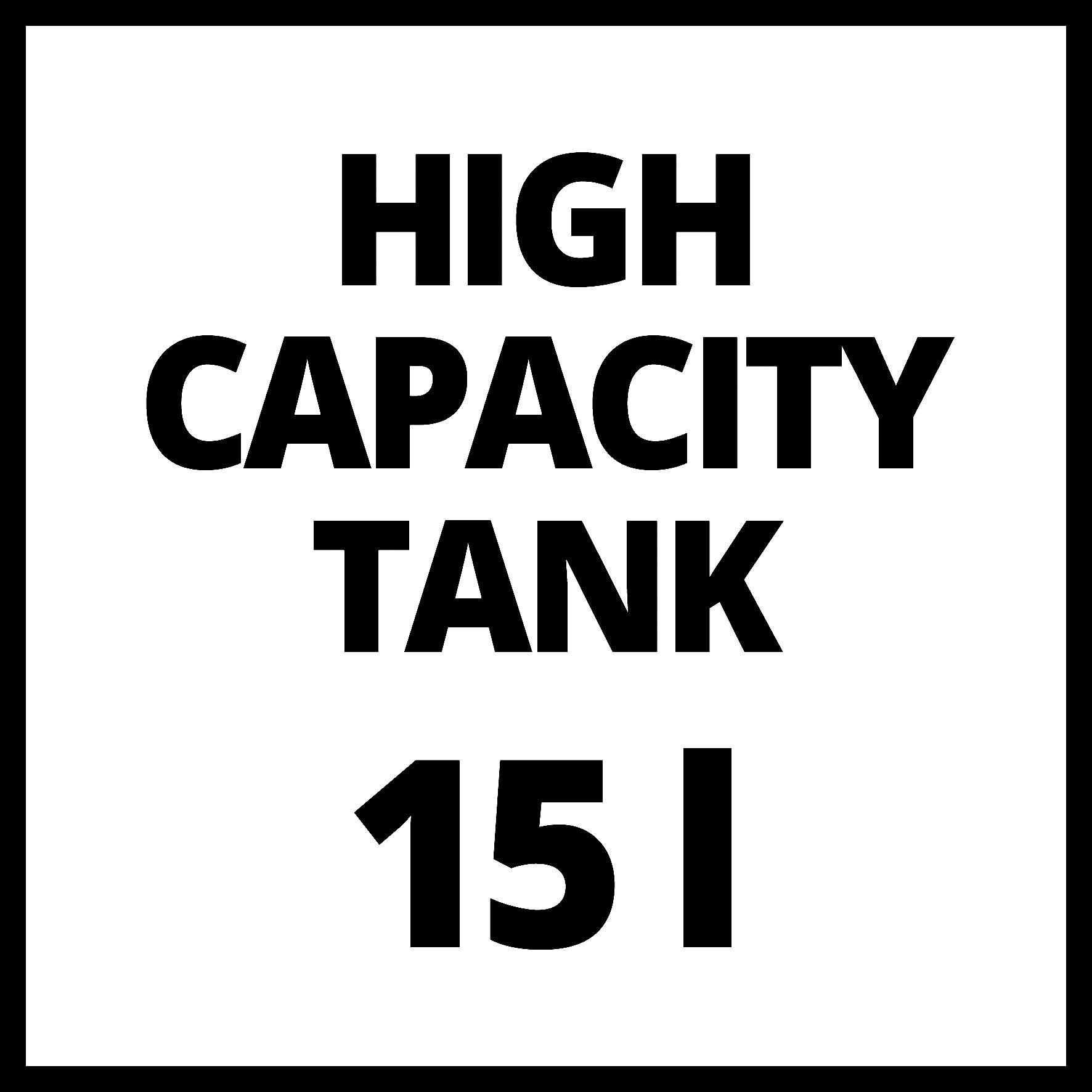 Bilden visar en text i svart skrift på vit bakgrund: 'HÖG KAPACITET TANK 15 L'.