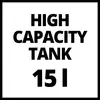 Bilden visar en text i svart skrift på vit bakgrund: 'HÖG KAPACITET TANK 15 L'.
