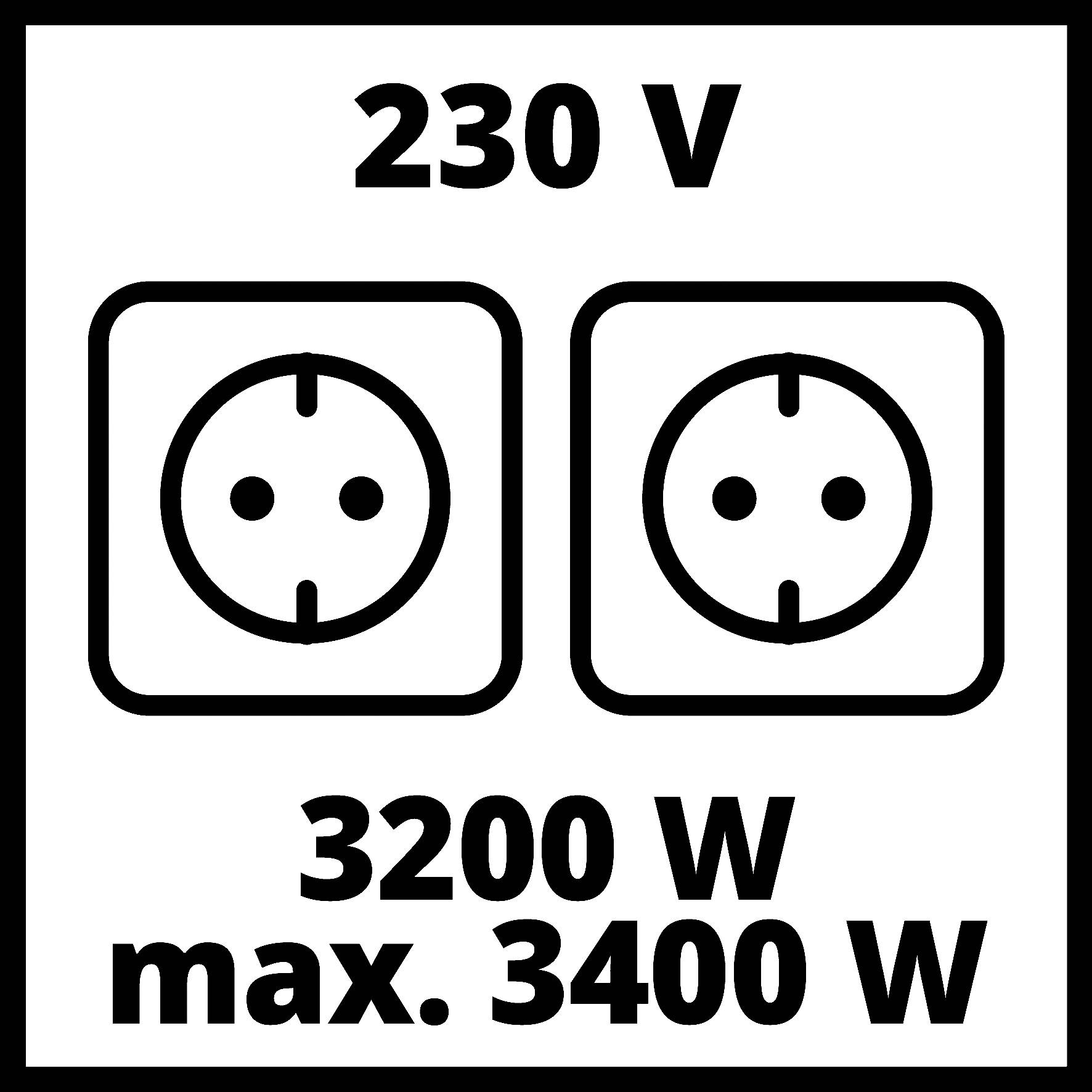 På bilden visas två eluttag. Ovanför dem står '230 V' och under dem '3200 W max. 3400 W' i svart text på vit bakgrund.