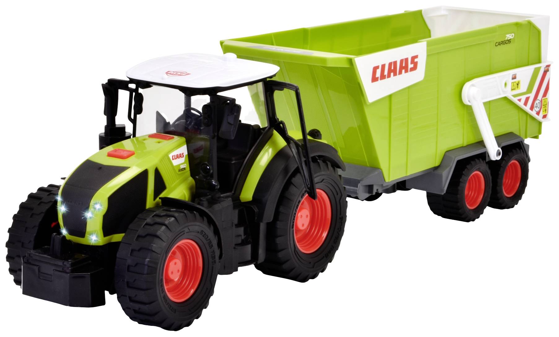 Leksakstraktor med vagn, grön och svart. Vagnen är ljusgrön med röd text 'CLAAS' på sidan.