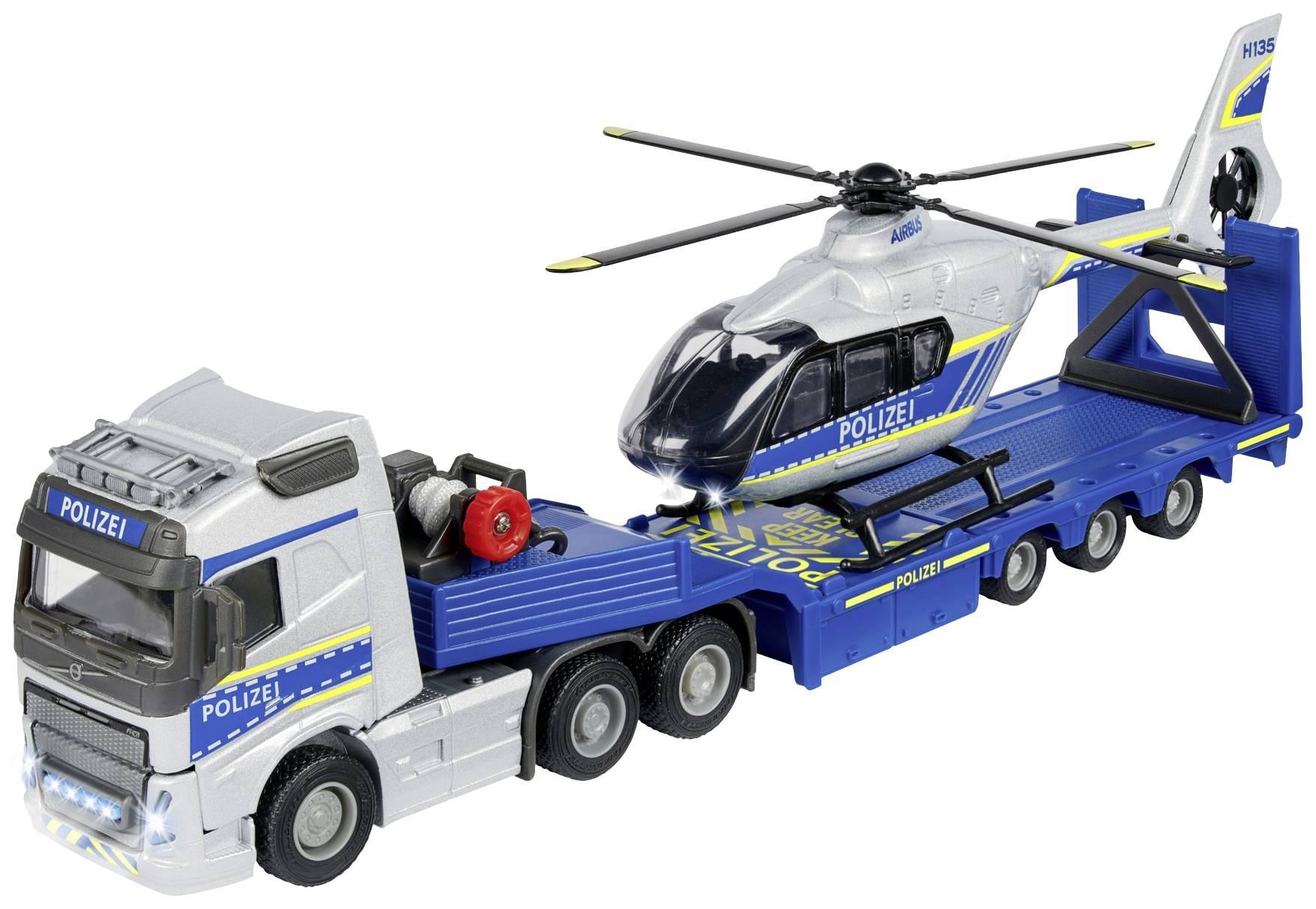 En leksakslastbil med 'Polis'-text transporterar en helikopter på en trailer, även den märkt med 'Polis'-beteckning.