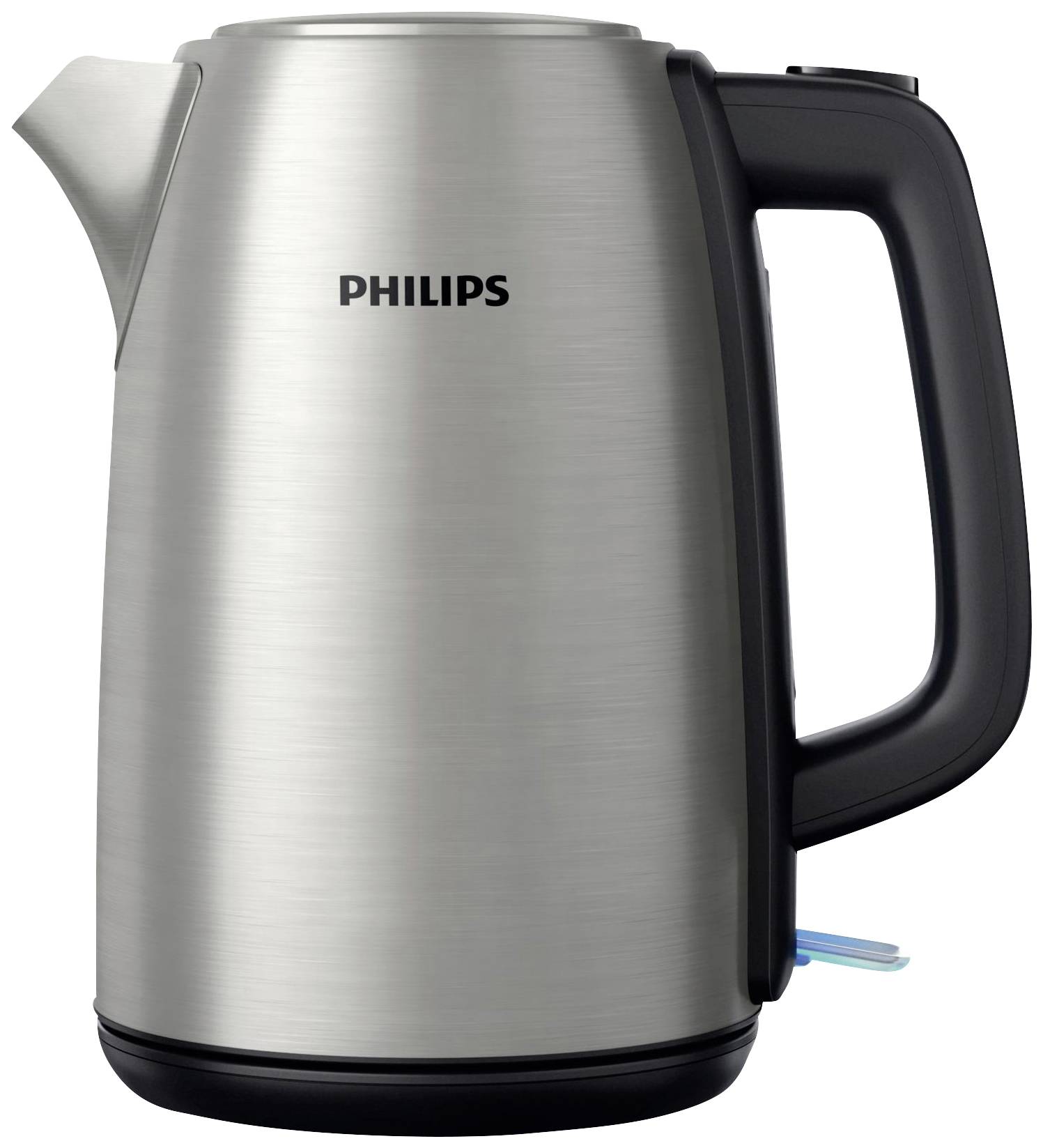 Silverfärgad, cylinderformad vattenkokare med svart handtag och pip. Varumärket 'PHILIPS' på sidan.