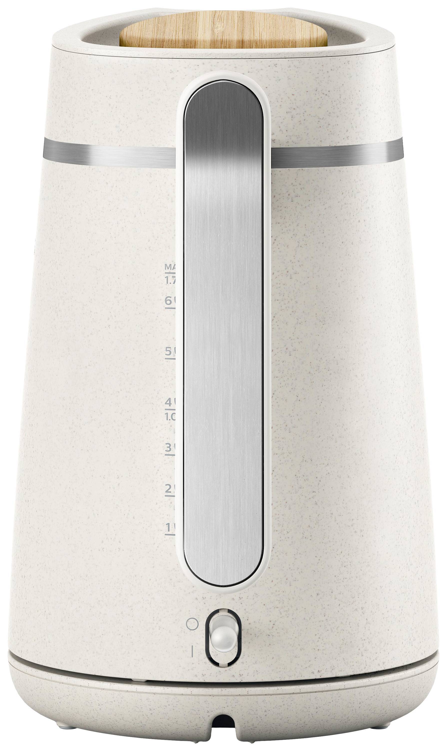 En elektrisk vattenkokare i ljusbeige material med detaljer i rostfritt stål och vattennivåindikator.