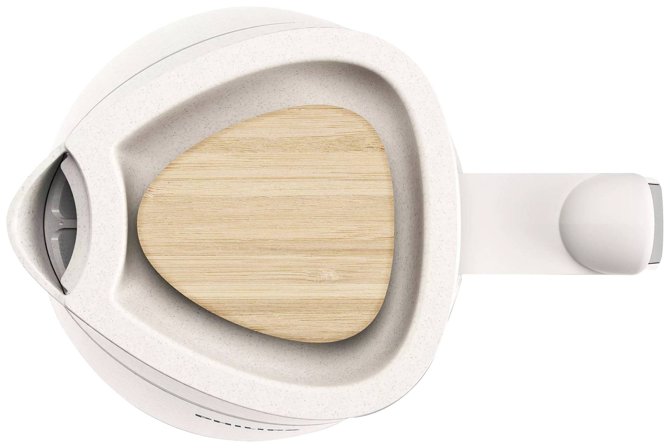 Vit vattenkokare med trälock, sedd ovanifrån. Modern, minimalistisk stil.