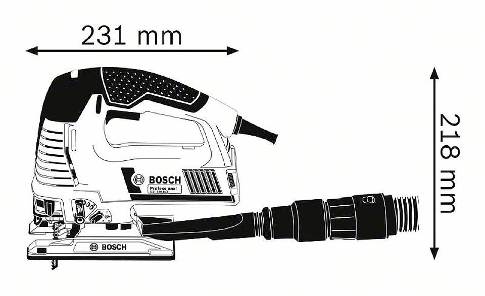 En Bosch elsåg är avbildad från sidan, med måtten 231 mm i bredd och 218 mm i höjd.