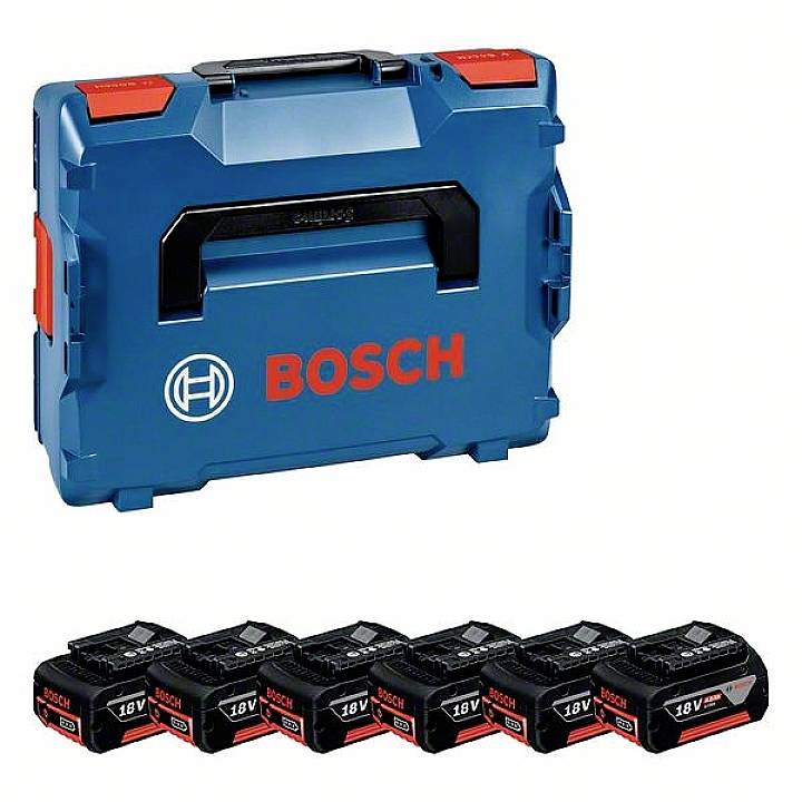 En blå Bosch-verktygsväska med logotyp, under vilken sex 18V litiumjonbatterier är placerade på rad.